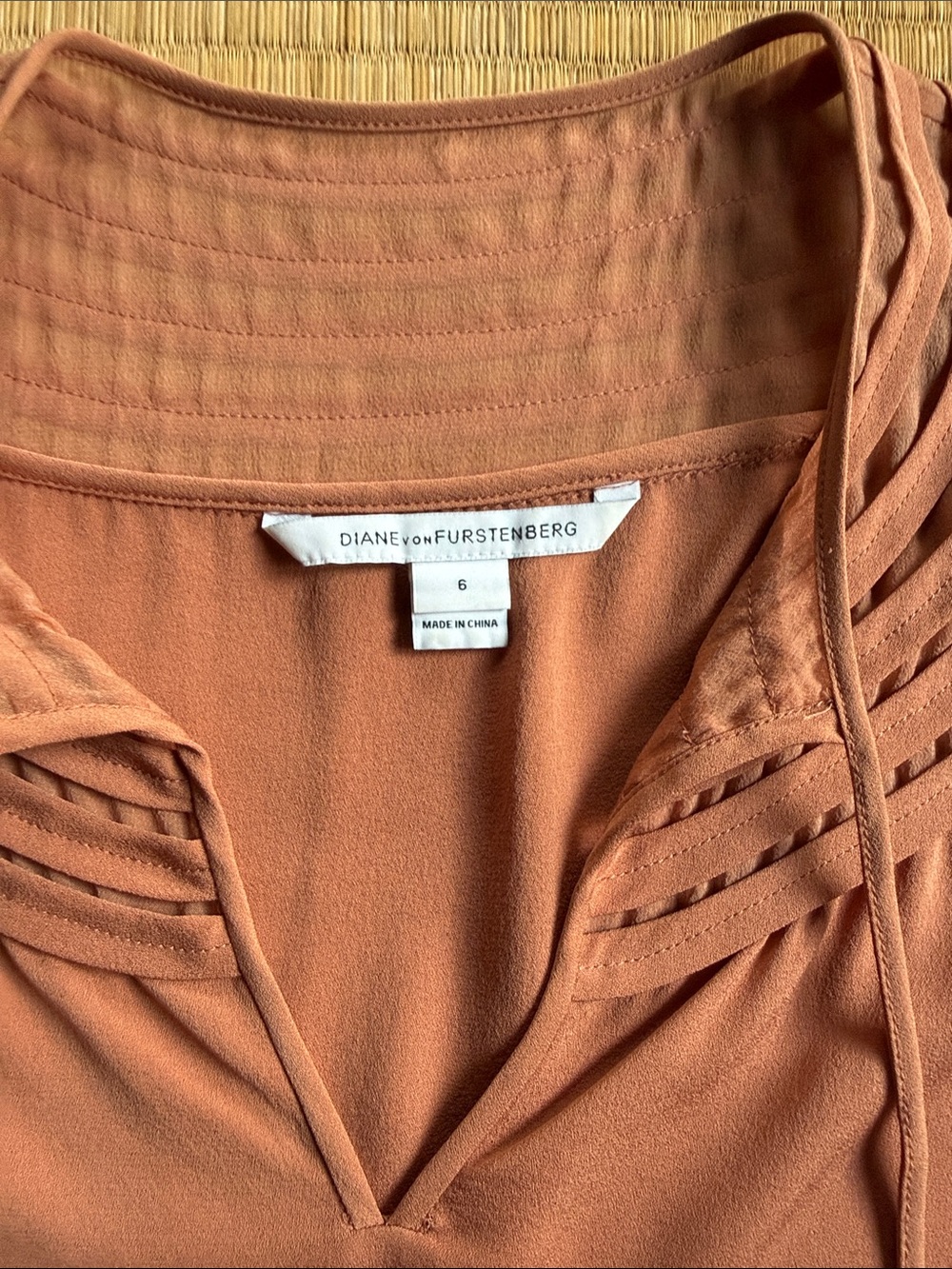 Diane Von Furstenberg Silk Crepe du Chine Dusty Orange L/Sleeve Pleated Yoke Top
